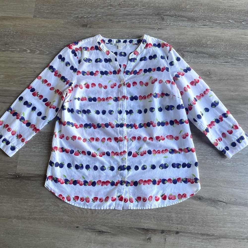 Talbots Berry Fruit Shirt Small Petite Poplin Button Down Long Sleeve Blouse